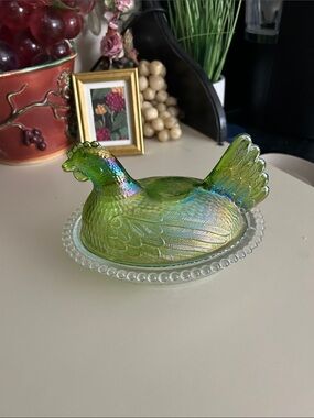 Indian Green Iridescent Glass Hen on Nest Decorative Dish